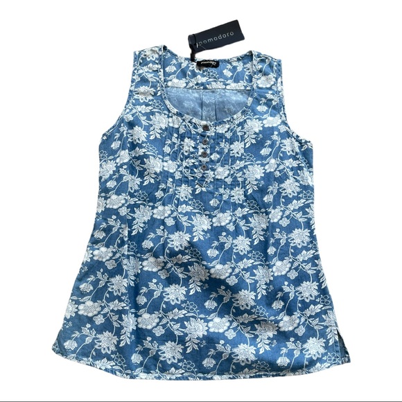POMODORO blue & white floral pleated front sleeveless tank top NWT Small - Picture 3 of 10